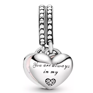 CHARM COLGANTE CORAZON MADRE E HIJA COLOR ROSA PLATA