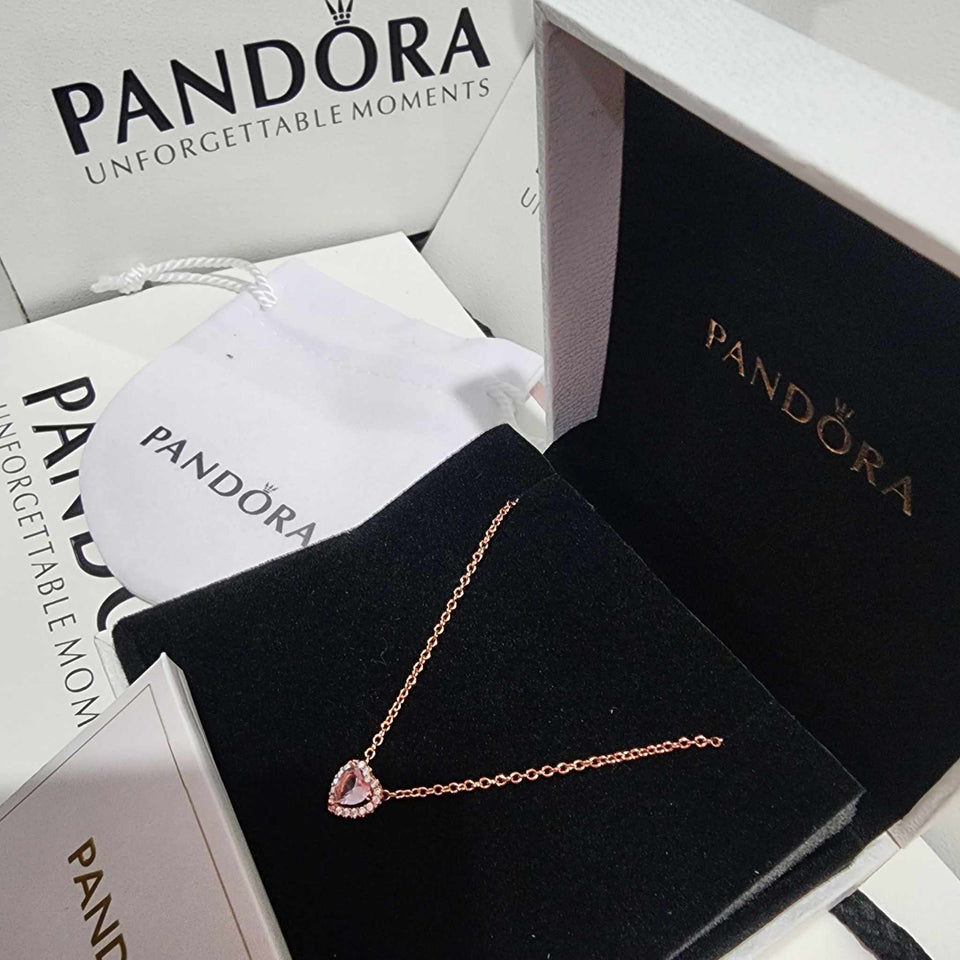 SET CONJUNTO PANDORA ANILLO + ARETES + COLLAR CORAZON ELEVADO ROSA ROSE GOLD