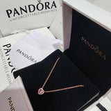 SET CONJUNTO PANDORA ANILLO + ARETES + COLLAR CORAZON ELEVADO ROSA ROSE GOLD