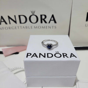 ANILLO PANDORA PROMESA CORAZON ELEVADO AZUL MARINO + KIT DE REGALO