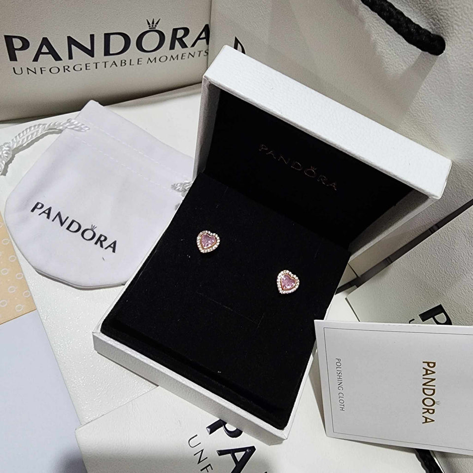 SET CONJUNTO PANDORA ANILLO + ARETES + COLLAR CORAZON ELEVADO ROSA ROSE GOLD