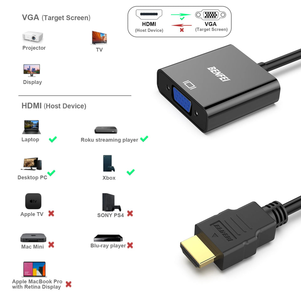 BENFEI HDMI to VGA, Gold-Plated Adapter (Male to Female) for Computer, Desktop, Laptop, PC, Monitor, Projector, HDTV, Chromebook, Raspberry Pi, Roku, Xbox and More - Black