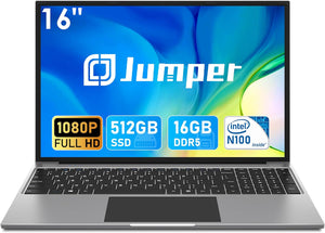 jumper Computadora portátil de 16 pulgadas, 16GB RAM 512GB SSD, computadora portátil con 12.a CPU Intel N100 (3.4GHZ), pantalla IPS FHD 1080P (1920x1200), WiFi 2.4G/5G, 4 parlantes estéreo, sistema de enfriamiento, batería de 38WH, tipo C. 
