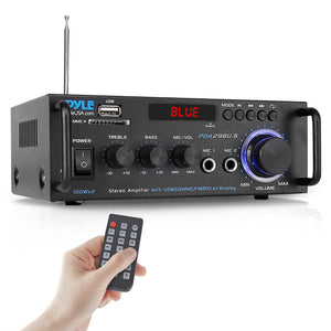 Pyle PDA69BU - Amplificador de audio para el hogar con Bluetooth, estéreo, 300 W, sistema de audio de sonido de doble canal con MP3, USB, SD, AUX, RCA, micrófono, auriculares, FM, LED, retardo de reverberación, para altavoces de cine en casa, estudio 