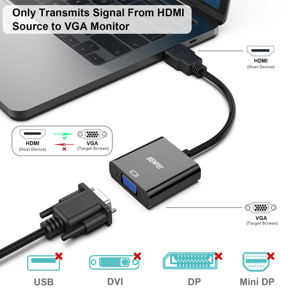 BENFEI HDMI to VGA, Gold-Plated Adapter (Male to Female) for Computer, Desktop, Laptop, PC, Monitor, Projector, HDTV, Chromebook, Raspberry Pi, Roku, Xbox and More - Black