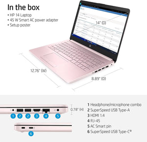 Laptop portátil HP (incluye 1 año de Microsoft 365), pantalla HD de 14'', 8 GB de RAM, 64 GB eMMC, Intel Quad-Core N4120, estudiantes y empresas, cámara web, HDMI, Wi-Fi, RJ-45, Windows 11 Home, rosa 