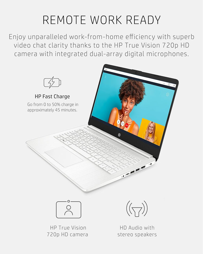 Laptop HP 14, Intel Celeron N4020, 4 GB de RAM, 64 GB de almacenamiento, pantalla HD Micro-edge de 14 pulgadas, Windows 11 Home, delgada y portátil, gráficos 4K, un año de Microsoft 365 (14-dq0040nr, 2021, blanco copo de nieve ) 
