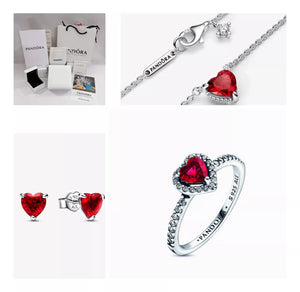 SET CONJUNTO COLLAR + ANILLO + ARETE CORAZÓN ELEVADO ROJO PANDORA