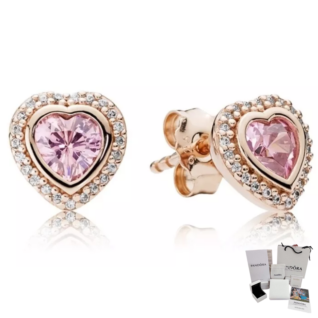 ARETES PENDIENTES PANDORA CORAZON ELEVADO ORO ROSA + KIT DE REGALO