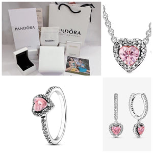 SET CONJUNTO PANDORA CORAZON ROSA PLATA 925 ANILLO + COLLAR + ARETES + KIT DE REGALO