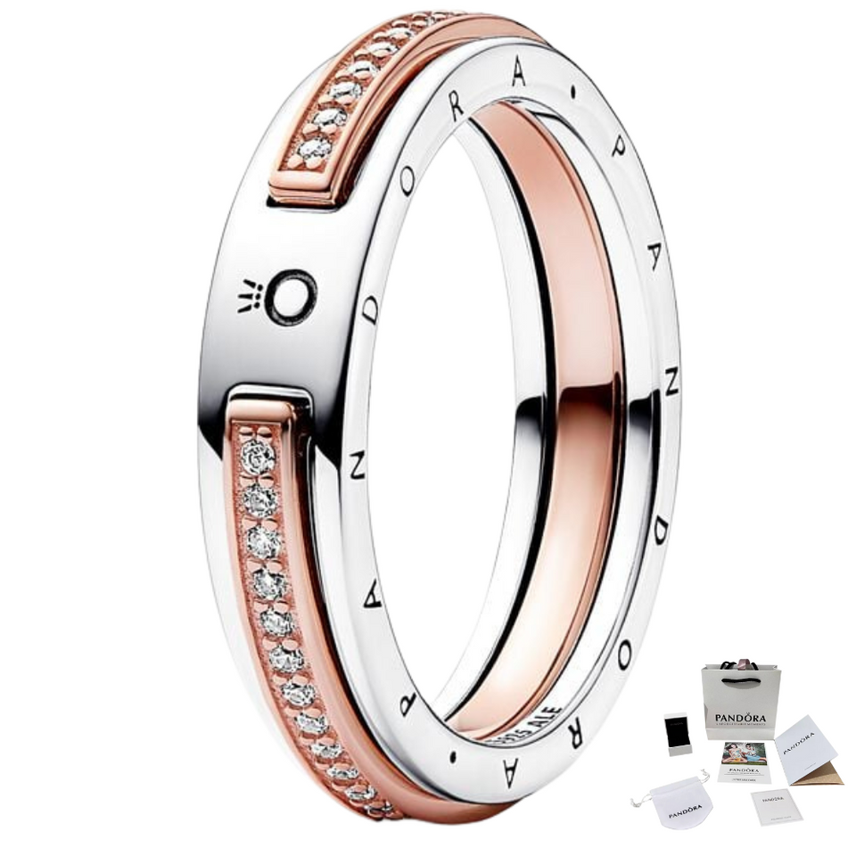 ANILLO LOGO Y PAVE 2 TONOTS SIGNATURE PANDORA + KIT DE REGALO