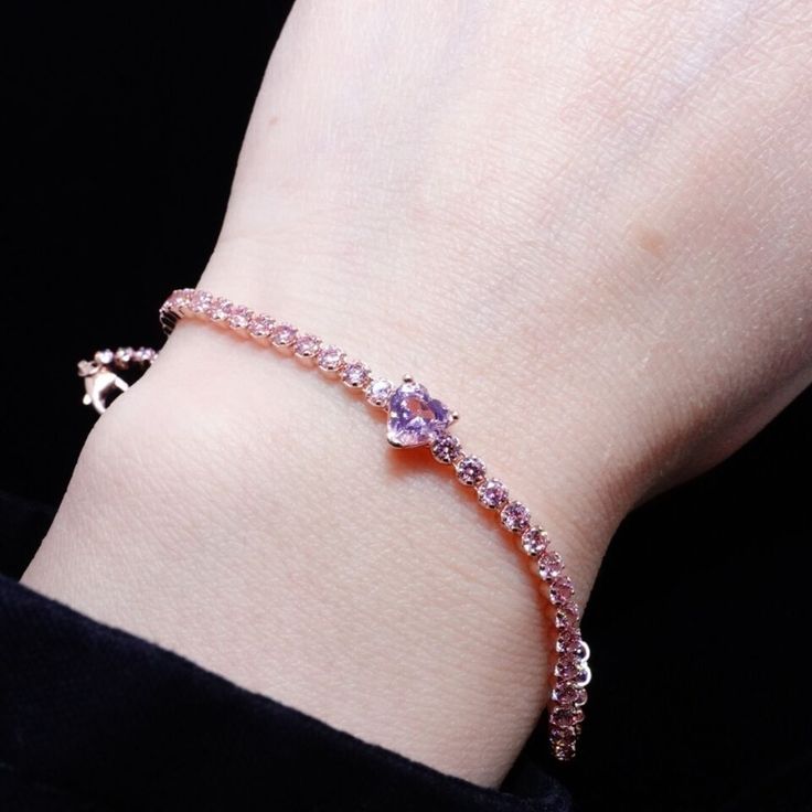 PULSERA PANDORA CORAZON BRILLANTE TENIS ORO ROSA + KIT DE REGALO