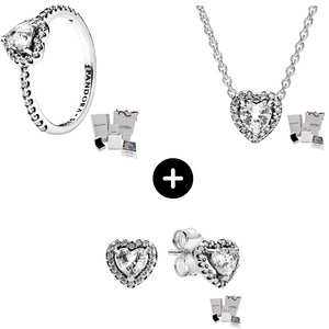SET CONJUNTO CORAZON ELEVADO PLATEADO ANILLO + COLLAR + ARETES PANDORA