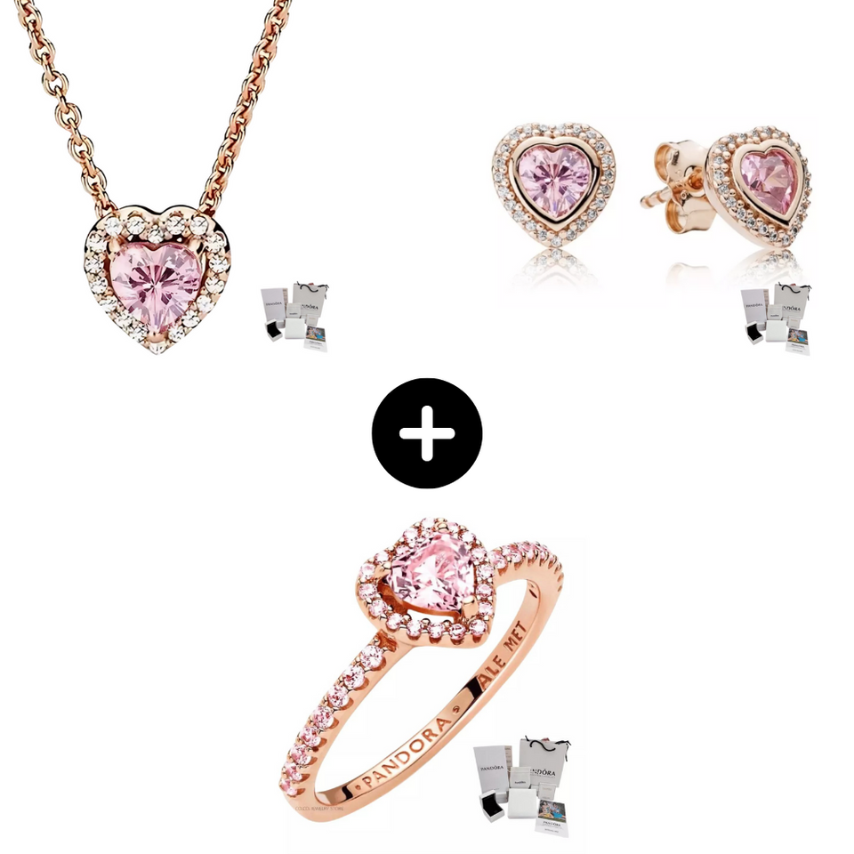 SET CONJUNTO PANDORA ANILLO + ARETES + COLLAR CORAZON ELEVADO ROSA ROSE GOLD